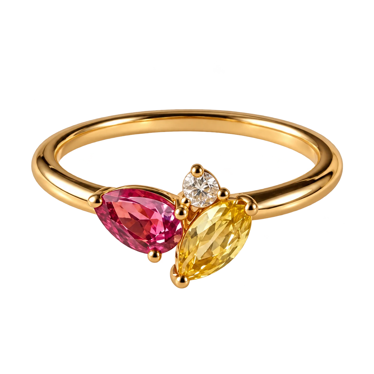 Finished Three-Stone Ring with pink sapphire, yellow sapphire and diamond