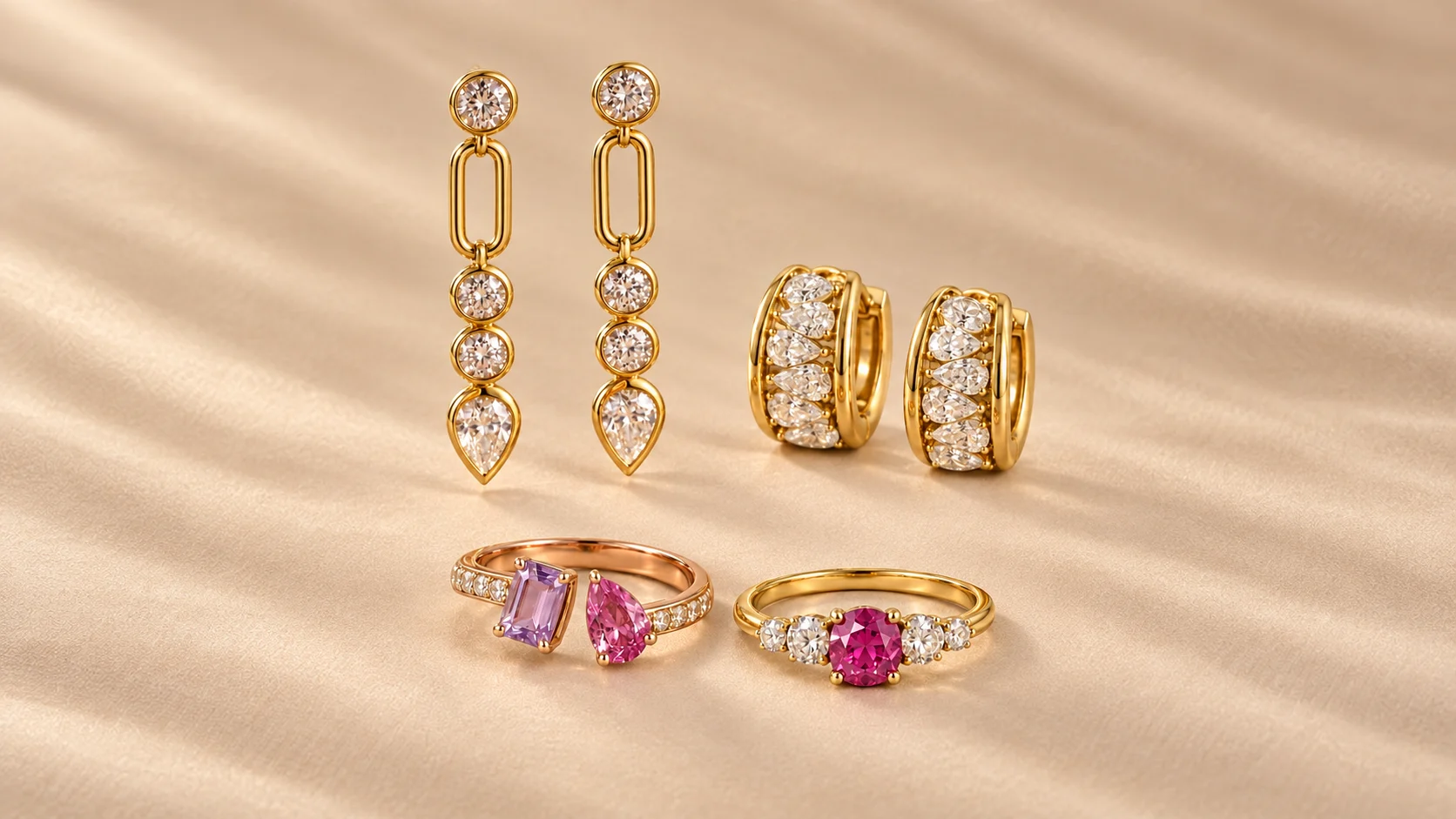 Bezel drops, pear-diamond hoops and two gemstone rings